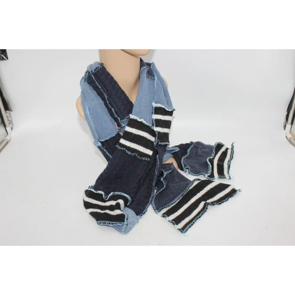 Scarf Upcycled Blue Black White Sweaters Winter Scarf Stripes 8' Long Handmade